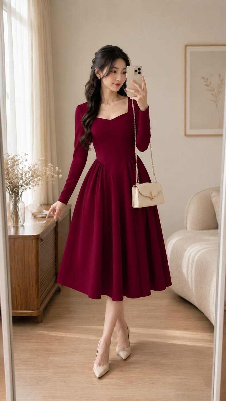 Vestido Midi Marsala Manga Longa com Decote Coração - Imagem 3