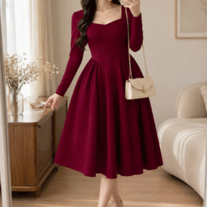 Vestido Midi Marsala Manga Longa com Decote Coração