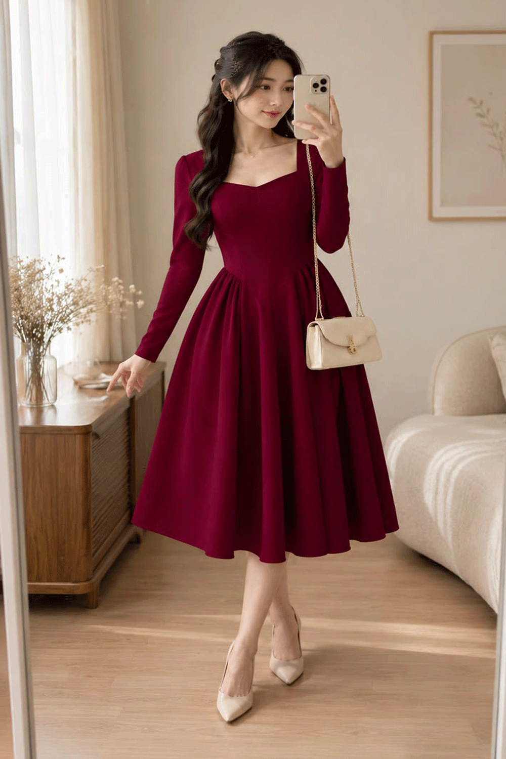 Vestido Midi Marsala Manga Longa com Decote Coração
